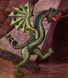 A wyvernlike dragon with two legs, batlike wings and a corkscrewing serpentine tail