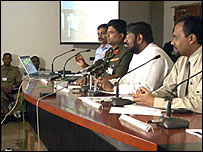 Brigadier Prasad Samarasinghe, Minister Keheliya Rambukwella and Lakshman Hulugalla at the press conference