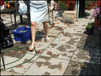 Debris littering the patio.