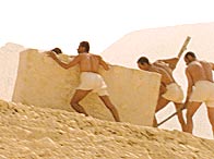 A reconstruction of pyramid-builders hauling a limestone block