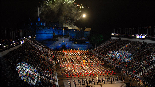 The Tattoo with fireworks overhead and Edinburgh Castle in the background