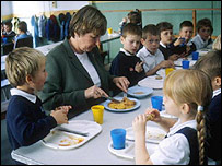 英国小学生在学校进午餐