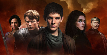Members of the cast of Merlin: Gwen (Angel Coulby), Arthur (Bradley James), Merlin (Colin Morgan), Morgana (Katie McGrath) and Uther (Anthony Head)