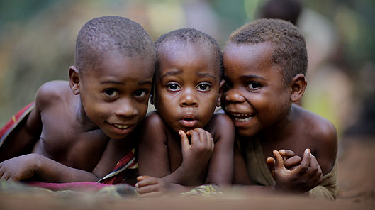 Tri o blant Bayaka ym masn y Congo © Timothy Allen