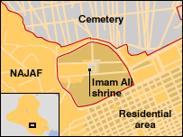 Mapa místa bojů v Nadžafu