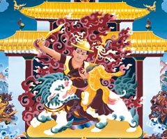 Image of Dorje Shugden, a ferocious three-eyed figure riding a white lion.