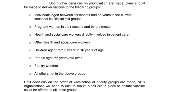 Until further decisions on prioritisation are made, plans should be made to deliver vaccine to the following groups: Individuals aged between six months and 65 years in the current seasonal flu clinical risk groups. Pregnant women in their second and third trimester Health and social care workers directly involved in patient care. Other health and social care workers Children aged from 3 years to 16 years of age. People aged 65 years and over Poultry workers All others not in the above groups. Until decisions on the order of vaccination of priority groups are made, NHS organisations will need to ensure robust plans are in place to ensure vaccine could be offered to all these groups.