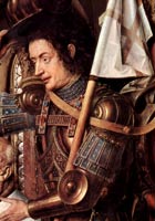 George in armour holding a flag with his cross on it