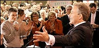 Tony Blair greets supporters at the Trimdon Labour Club in London