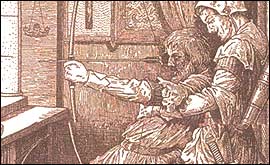 Depiction of Robin Hood being supported by Little John as he shoots his final arrow