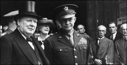 The Presentation Of The Honorary Freedom Of The City Of London, And The Sword of Honour To General Of The Army Dwight D Eisenhower, G.C.B : 1945 12/06/1945 © BBC<br />
Picture shows - Mr Winston Churchill, Prime Minister, accompanies General Eisenhower to the entrance of the Guildhall after the ceremony. On the left is Lieut, Colonel Sir Hugh Turnbull, K.C.V.O., Commissioner of the City of London Police, and behind Mr Churchill can be seen (left) Mr John Winant, U.S. Ambassador to Great Britain, and (right) Mrs Churchill. The ceremony, including General Eisenhower's speech, and also descriptions by BBC commentators at the Guildhall, were broadcast in the BBC's Home and Overseas Services, 12th June 1945.