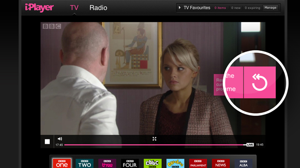 BBC iPlayer showing BBC One live - but near the end of EastEnders. The rewind button is highlighted.