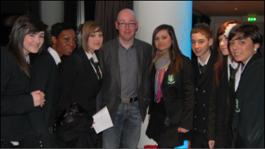 John Boyne pictured with pupils from Great Barr School in Birmingham.