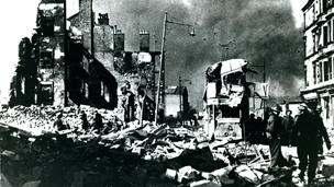 Black and white view of air raid destruction to Dumbarton Road in Dalmuir.
