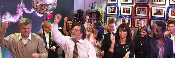Adrian and Christine practicing their dance moves with Ricky Tomlinson
