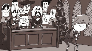 The church congregation stare at Tiny Tim with sad, pitying expressions on their faces