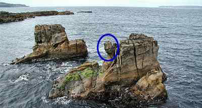 Rocks in sea with carving circled
