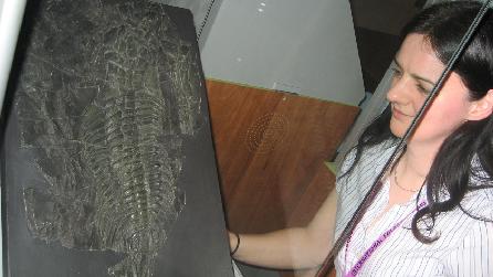 Dr. Lucy McCobb with fossil trilobite Paradoxides davidis Dr. Lucy McCobb with fossil trilobite Paradoxides davidis