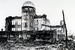The ruins of a cinema stand stark against the rubble after the Atom bomb attack on Hiroshima