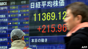 日本东京街头民众走过股价显示屏幕(12/2/2013)