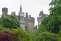 Castell Caerdydd yn glyd yn y coed.