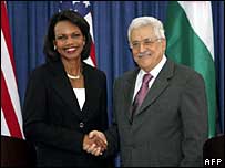 A secretária de Estado dos Estados Unidos, Condoleezza Rice, e o presidente da Autoridade Nacional Palestina, Mahmoud Abbas