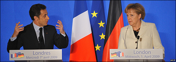 French President Nicolas Sarkozy and German Chancellor Angela Merkel in London, 1 Apr 09