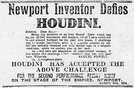 Newspaper advertisement showing challenege to Harry Houdini from a member of the public