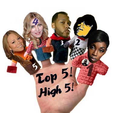 5: Mariah Carey, 4: Madonna, 3: Flo Rida, 2: Sam Sparro 1: Estelle