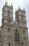 Gothic stone facade of Westminster Abbey, a Christian place of worship