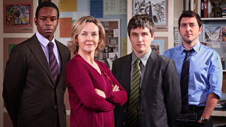 (L-R) Marcus Kirby (Wil Johnson), Karen Fisher (Amanda Burton), Christopher Mead (William Ash) and Tom Clarkson (Jason Done) 