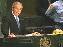 O presidente dos Estados Unidos, George W. Bush, falando na ONU nesta terça-feira