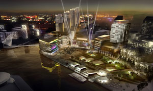 Architect's impression of the 200 acre mediacity:uk development at Salford Quays (night). Copyright: Wilkinson Eyre Architects