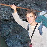 Nick on a rope bridge, Peru