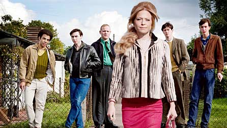 Rock & Chips: L-R Denzil (Ashley Gerlach), Del (James Buckley), Jumbo Mills (Lee Long), Joan (Kellie Bright), Boycie (Stephen Lloyd) and Trigger (Lewis Osborne)