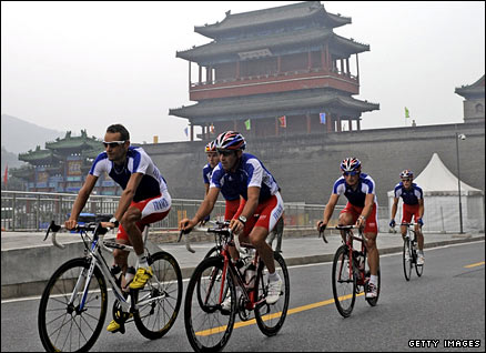 The French cycle team practice along the route at Badaling