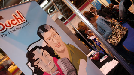 Ouch's stand was decorated with bright banners - here's the one of Mat Fraser and Liz Carr from our disability talk show