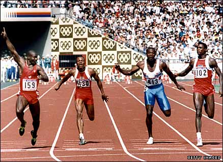 (l-r) Ben Johnson, Calvin Smith, Linford Christie and Carl Lewis in the 100m at the 1988 Seoul Olympics