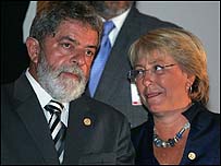 O presidente Luiz Inácio Lula da Silva e a presidente chilena Michelle Bachelet