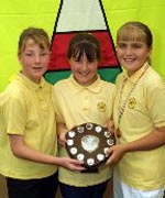 Cerys Humphries, Lowri Williams ac Amy Evans cyntaf - t&icirc;m gymnasteg dan 12