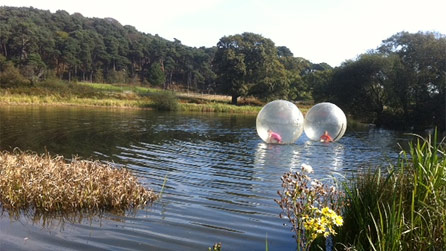 Kids 'zorbing' on the lake at Margam Park.