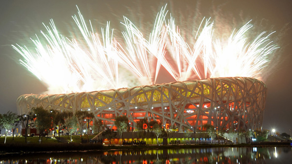 Fireworks over the Olympic Stadium at the Beijing 2008 opening ceremony
