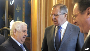 از راست به چپ: بوگدانف و وزیران خارجه روسیه و سوریه