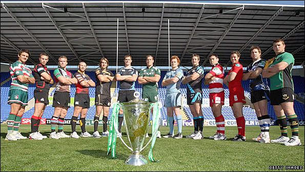 Captains of some of this year's participants eye the Heineken Cup trophy at the British launch of the tournament.jpg