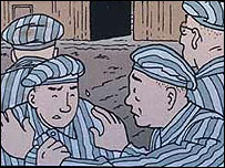 Cena da HQ que mostra o campo de concentração de Auschwitz