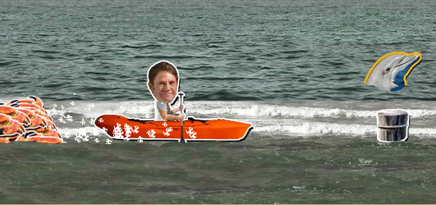 Steve Backshall in Deadly Dash 2 kayaking away from crabs