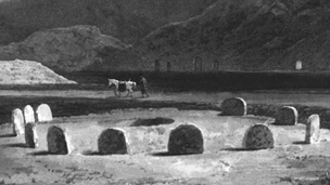 Black and white engraving of Temple Wood stone circle, showing eleven short vertical slabs aranged around a central hollow. To the rear is a taller mound or cairn with high hills behind..