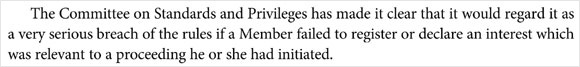 The Committee on Standards and Privileges has made it clear that it would regard it as a very serious breach of the rules if a Member failed to register or declare an interest which was relevant to a proceeding he or she had initiated.