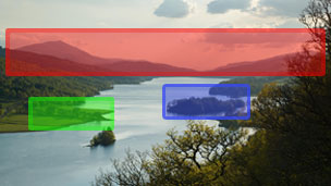 Colour view across Loch Tummel. Coloured boxes highlight the line of hills and mountains in the background, a line of trees in the middle distance and a small tree-covered hill near the middle of frame