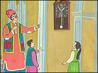 لالو ماما در مورد ساعت قصر به مهمانانش معلومات می دهد.